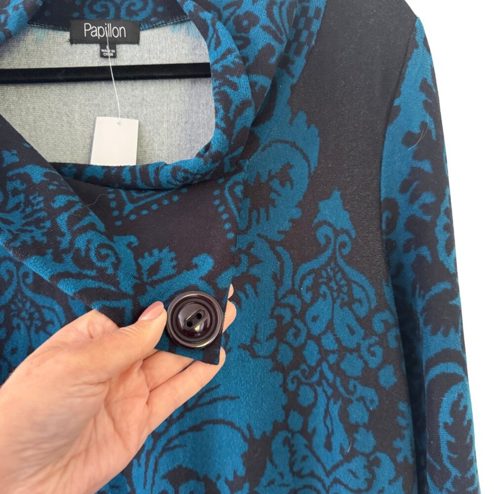Papillon Teal & Black Baroque Knit Tunic Dress Cowl Neck Size Large - Picture 5 of 8